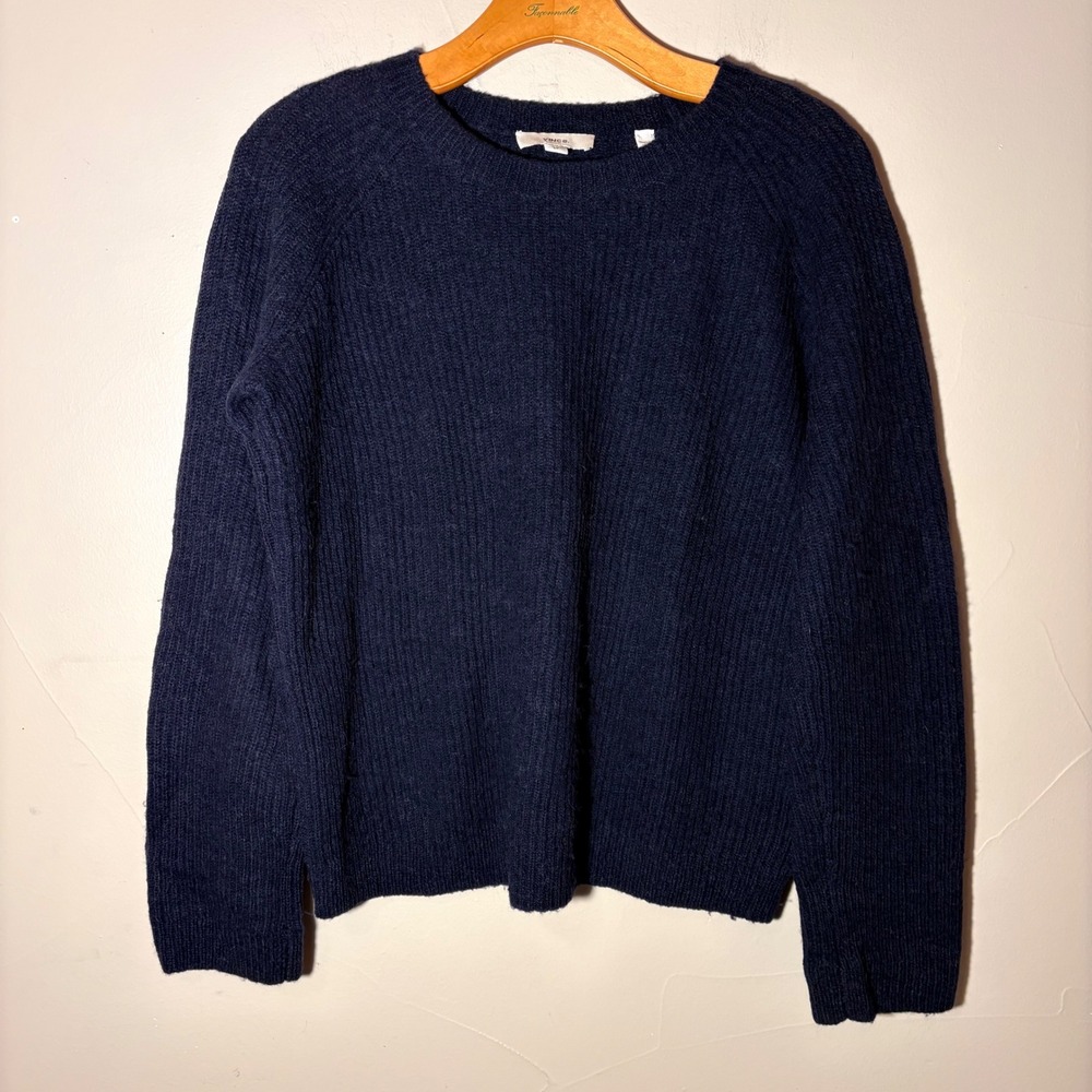 Vince Navy Blue Fisherman Knit Ribbed Alpaca Wool Blend Oversized Sweater Size S